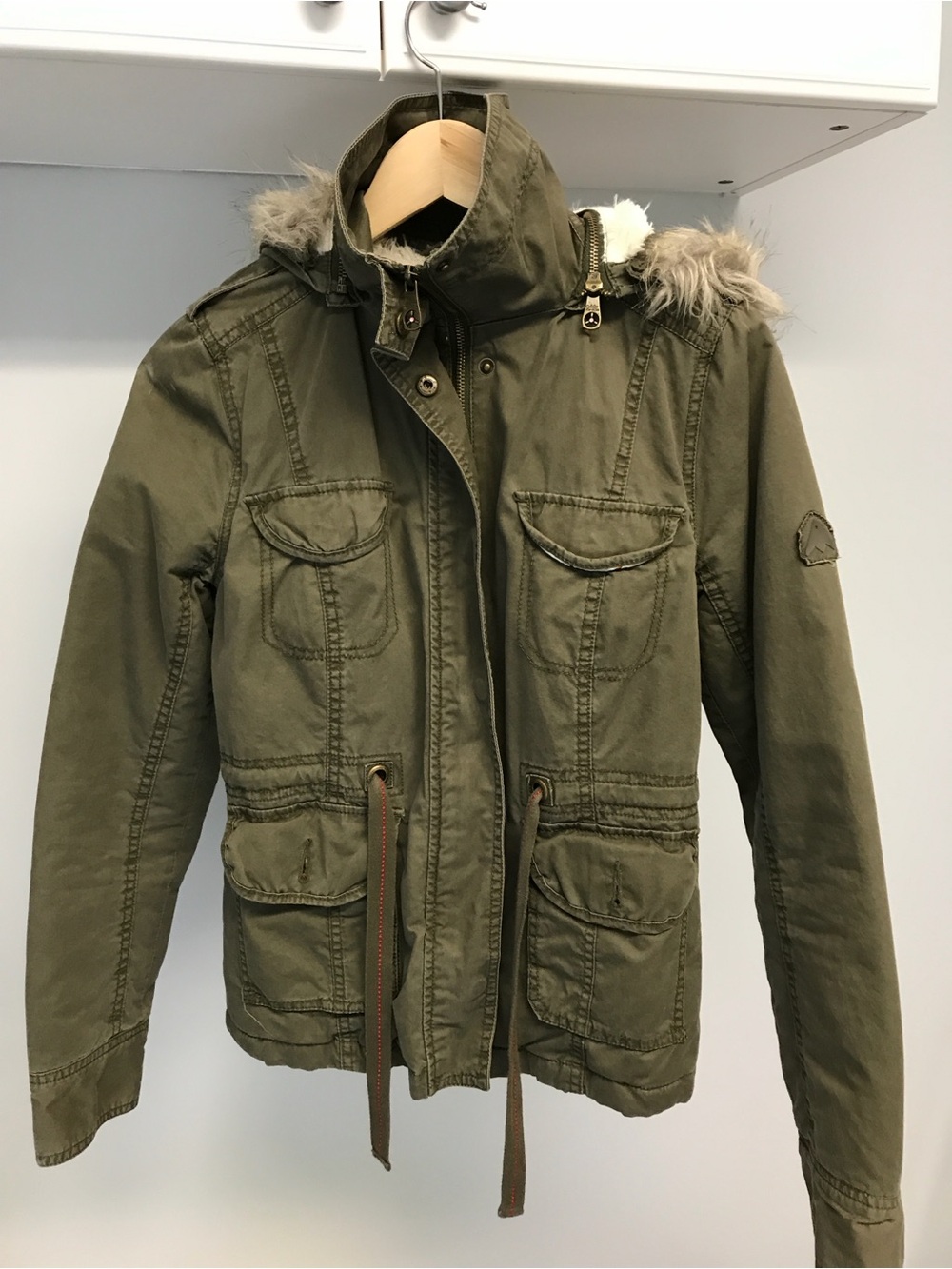 Olive Green Utility Parka Jacket with Faux Fur Hood - Women